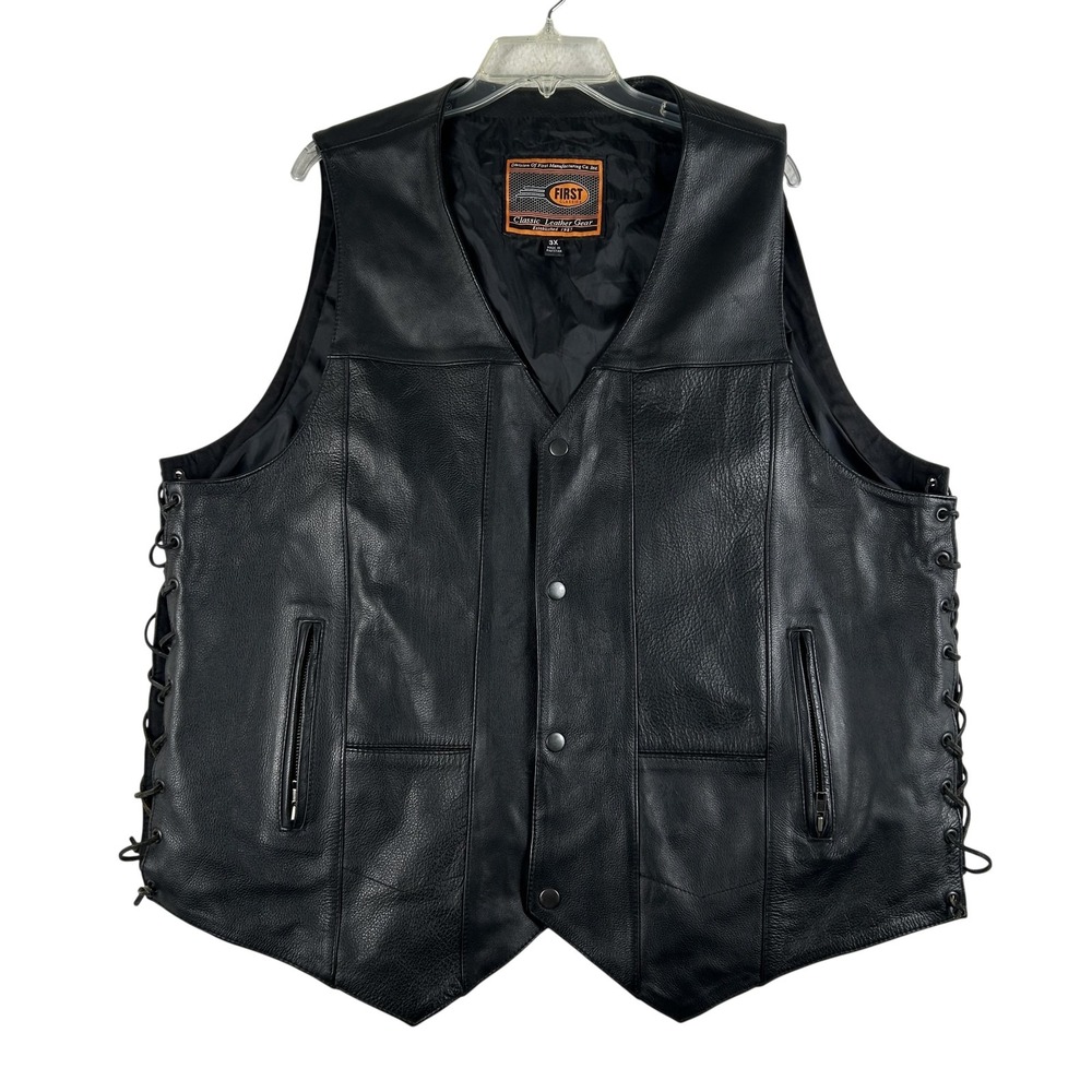 First Classics‎ Vest Mens 3XL Black Leather Biker Motorcycle Side Lace Pockets